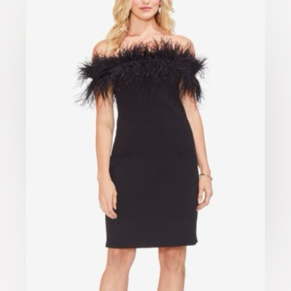 Vince CAMUTO Elegant Black Off-Shoulder Dress Ostrich Feathers medium​ - Picture 5 of 7